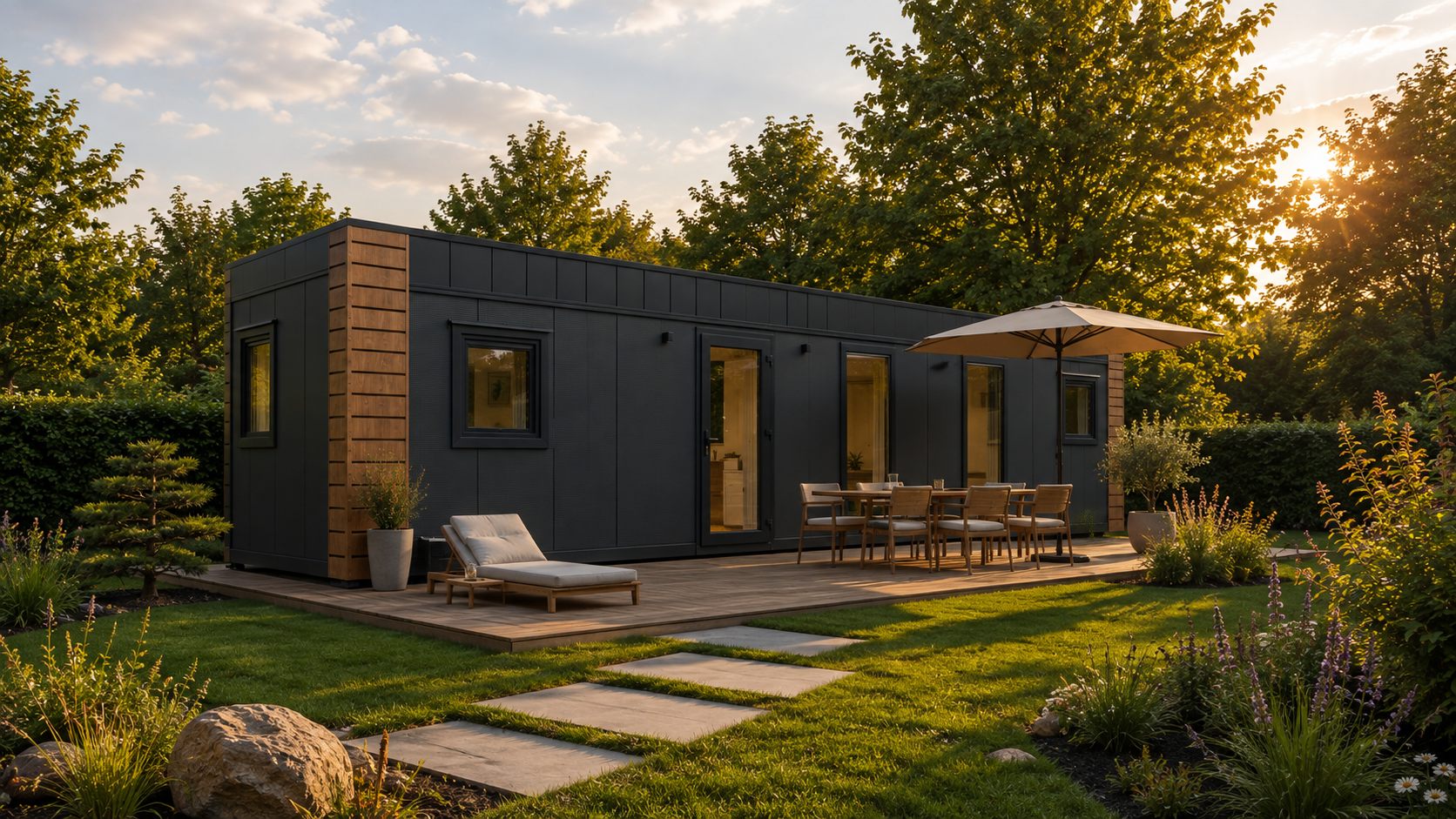 Tiny house met terras op een recreatiekavel in de avondzon