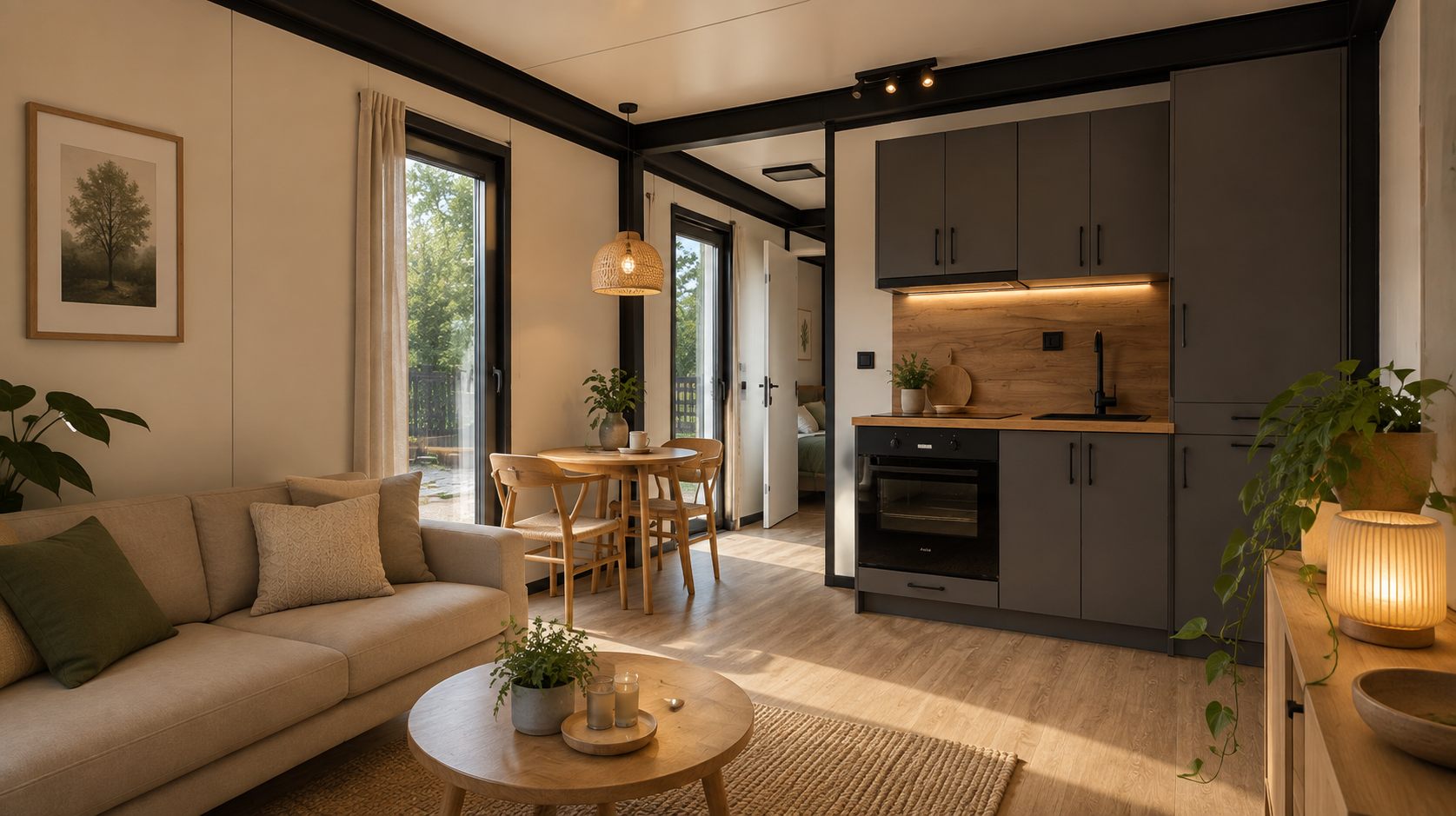 Woonkamer en keuken in een tiny house